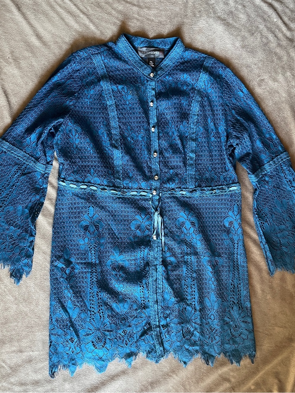 Colleen Lopez Lace Teal Boho Bell Sleeve Top Cover W/ Undershirt Size XL Petite